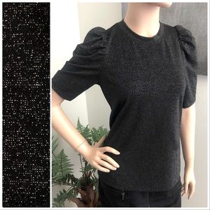 Trina Turk Shimmery Charcoal Black Puff Shoulder Short Sleeve Party Top